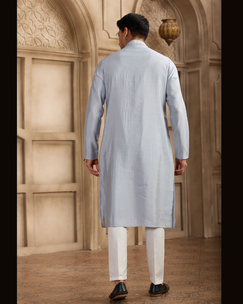 Sky Blue Banarasi Art Silk Mirror Work Readymade Men Kurta Pajama Set