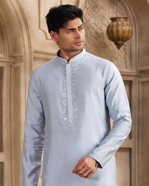 Sky Blue Banarasi Art Silk Mirror Work Readymade Men Kurta Pajama Set