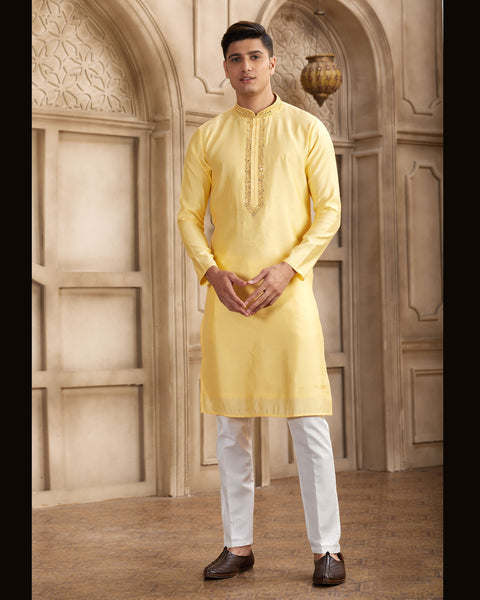 Yellow Banarasi Art Silk Mirror Work Readymade Men Kurta Pajama Set