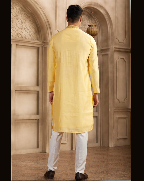 Yellow Banarasi Art Silk Mirror Work Readymade Men Kurta Pajama Set