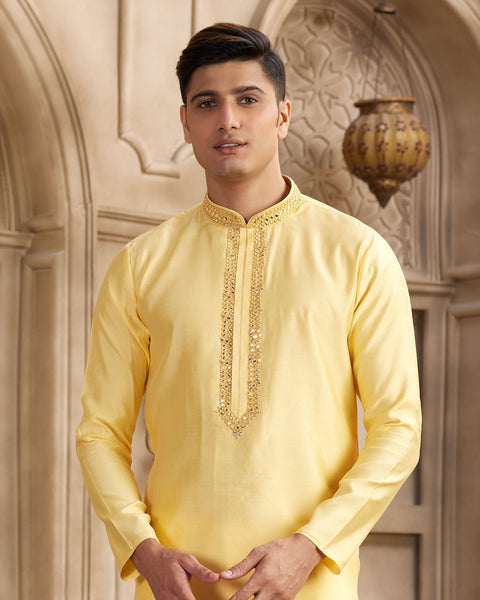 Yellow Banarasi Art Silk Mirror Work Readymade Men Kurta Pajama Set