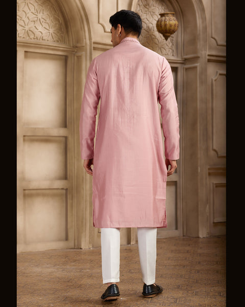 Dark Pink Banarasi Art Silk Mirror Work Readymade Men Kurta Pajama Set