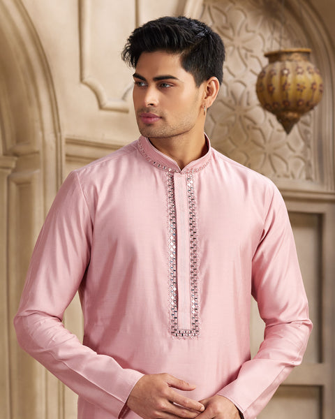 Dark Pink Banarasi Art Silk Mirror Work Readymade Men Kurta Pajama Set