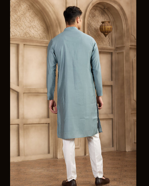 Grey Banarasi Art Silk Mirror Work Readymade Men Kurta Pajama Set