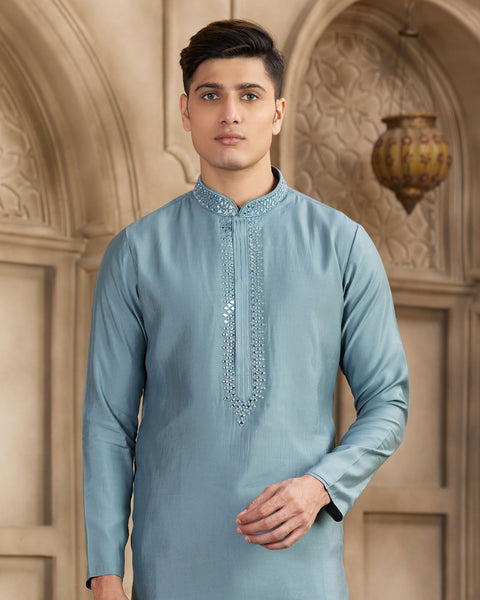 Grey Banarasi Art Silk Mirror Work Readymade Men Kurta Pajama Set