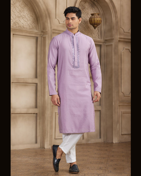 Purple Banarasi Art Silk Mirror Work Readymade Men Kurta Pajama Set