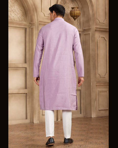 Purple Banarasi Art Silk Mirror Work Readymade Men Kurta Pajama Set