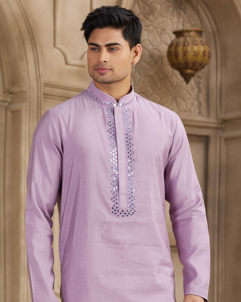 Purple Banarasi Art Silk Mirror Work Readymade Men Kurta Pajama Set