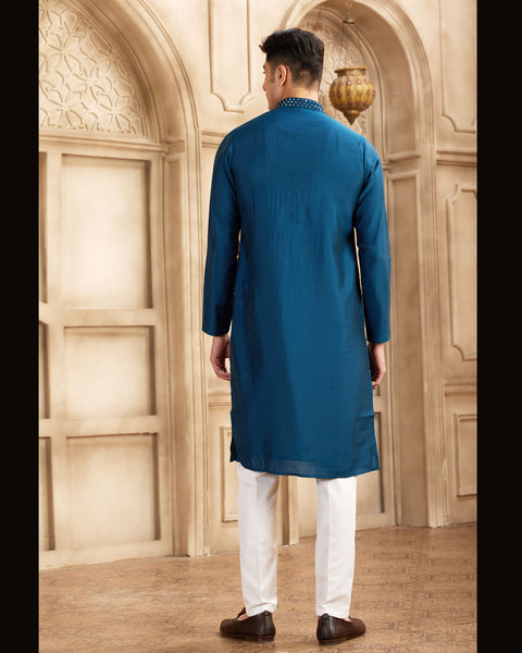 Blue Banarasi Art Silk Mirror Work Readymade Men Kurta Pajama Set