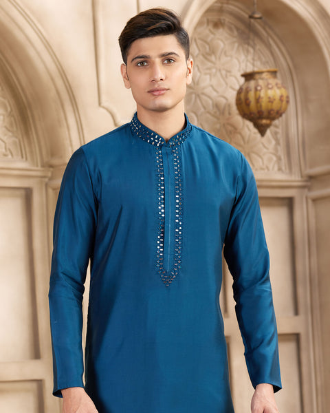 Blue Banarasi Art Silk Mirror Work Readymade Men Kurta Pajama Set