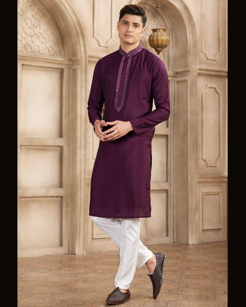Wine Banarasi Art Silk Mirror Work Readymade Men Kurta Pajama Set