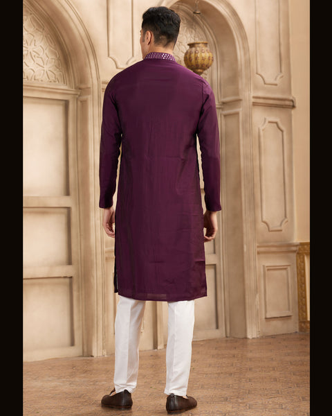 Wine Banarasi Art Silk Mirror Work Readymade Men Kurta Pajama Set