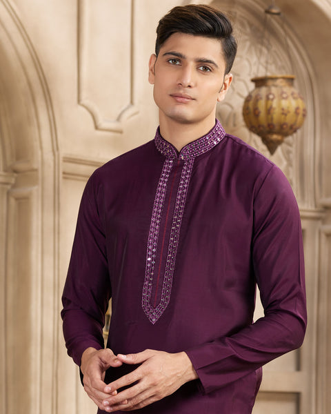 Wine Banarasi Art Silk Mirror Work Readymade Men Kurta Pajama Set