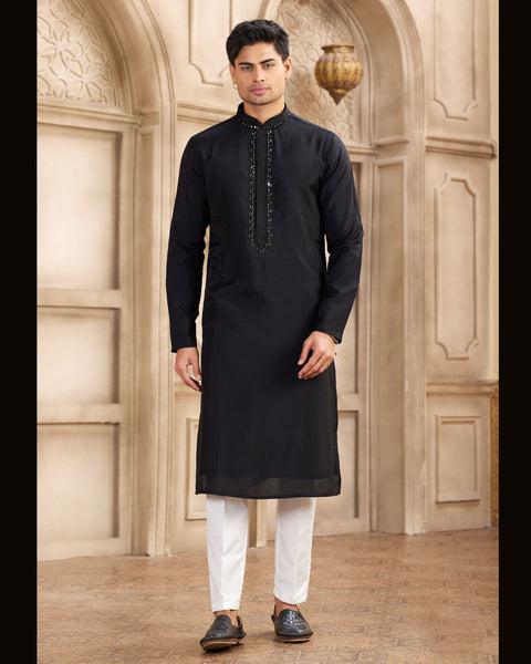 Black Banarasi Art Silk Mirror Work Readymade Men Kurta Pajama Set