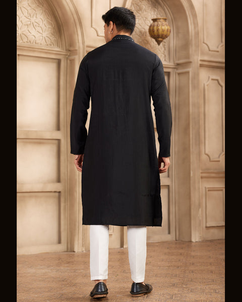 Black Banarasi Art Silk Mirror Work Readymade Men Kurta Pajama Set