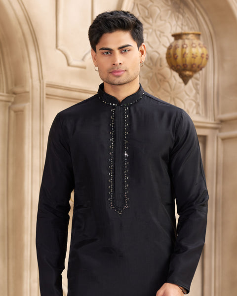 Black Banarasi Art Silk Mirror Work Readymade Men Kurta Pajama Set