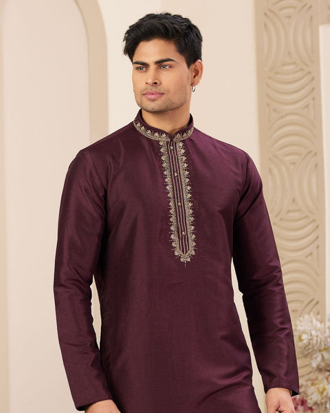 Wine Hand Work Banarasi Art Silk Readymade Man Kurta Pajama Set