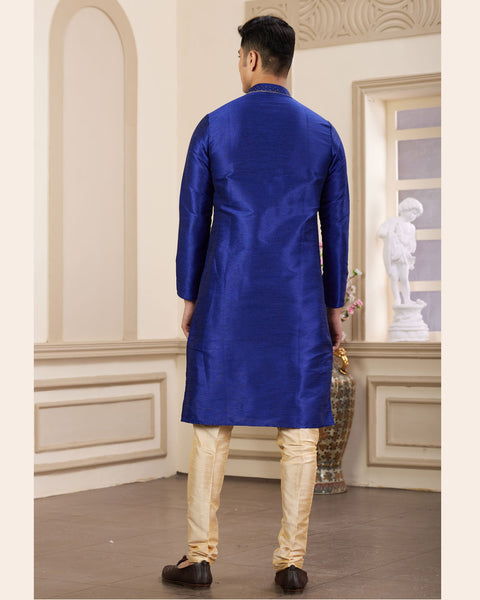 Blue Hand Work Banarasi Art Silk Readymade Man Kurta Pajama Set