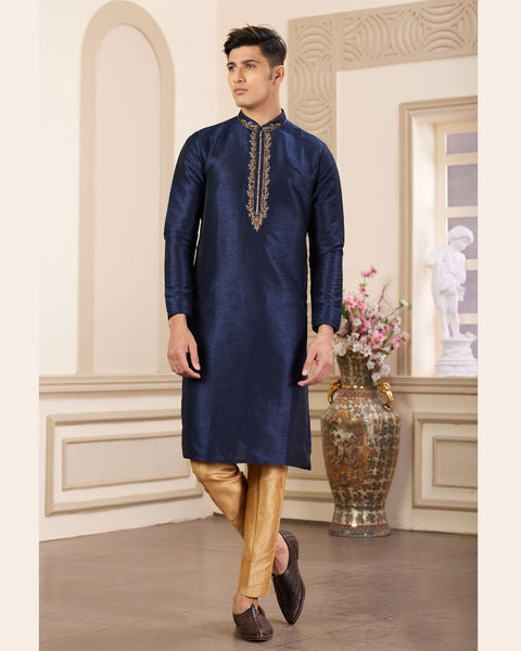 Blue Hand Work Banarasi Art Silk Readymade Man Kurta Pajama Set