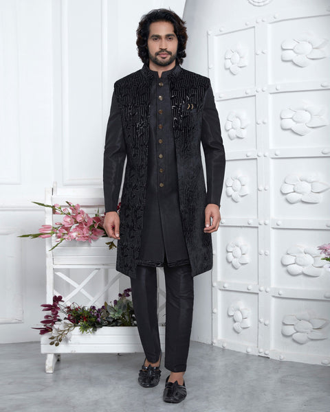 Black Velvet Silk indian Ethnic Wear Man Three Piece Jacket Set