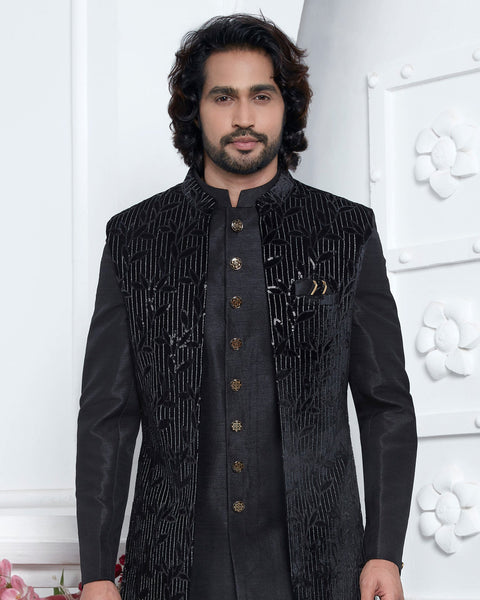 Black Velvet Silk indian Ethnic Wear Man Three Piece Jacket Set