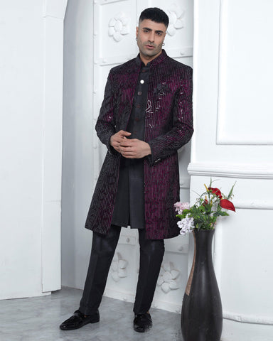 Black/Wine Velvet Silk indian Ethnic Wear Man Three Piece Jacket Set