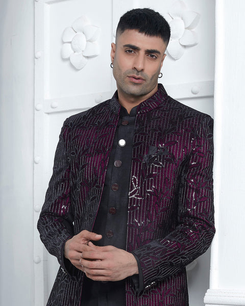 Black/Wine Velvet Silk indian Ethnic Wear Man Three Piece Jacket Set