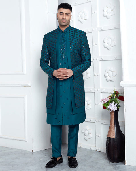 Teal Blue Art Silk indian Ethnic Wear Man Three Piece Jacket Set