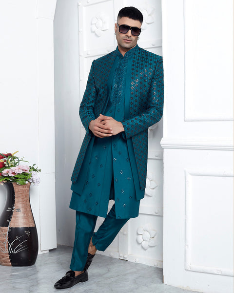 Teal Blue Art Silk indian Ethnic Wear Man Three Piece Jacket Set