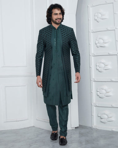 Green Art Silk indian Ethnic Wear Man Three Piece Jacket Set