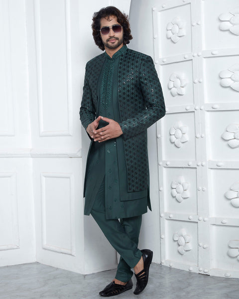 Green Art Silk indian Ethnic Wear Man Three Piece Jacket Set