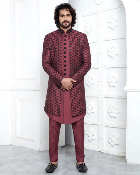 Maroon Art Silk indian Ethnic Wear Man Three Piece Jacket Set