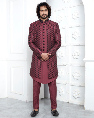 Maroon Art Silk indian Ethnic Wear Man Three Piece Jacket Set