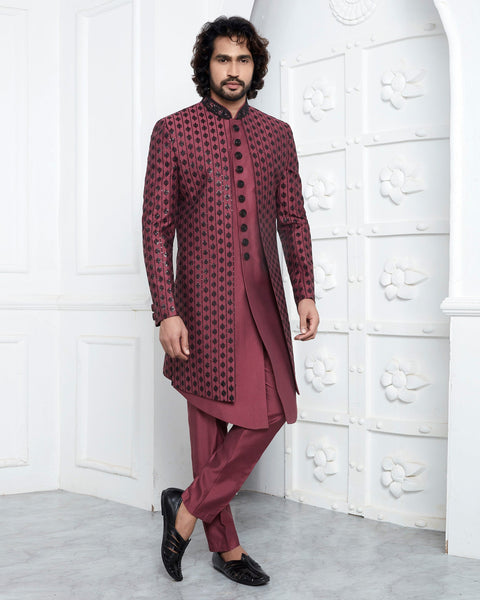 Maroon Art Silk indian Ethnic Wear Man Three Piece Jacket Set