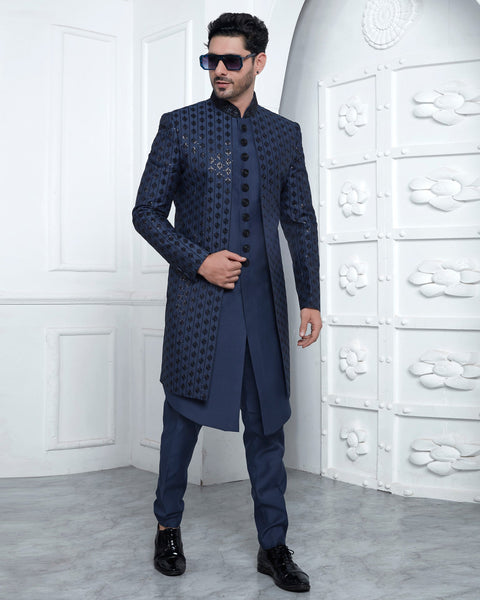 Blue Art Silk indian Ethnic Wear Man Three Piece Jacket Set