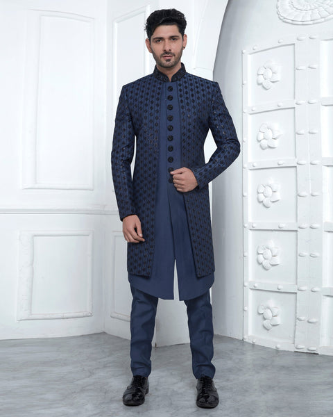 Blue Art Silk indian Ethnic Wear Man Three Piece Jacket Set