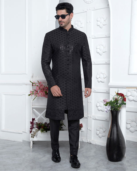 Black Art Silk indian Ethnic Wear Man Sherwani Set