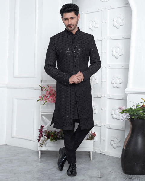 Black Art Silk indian Ethnic Wear Man Sherwani Set