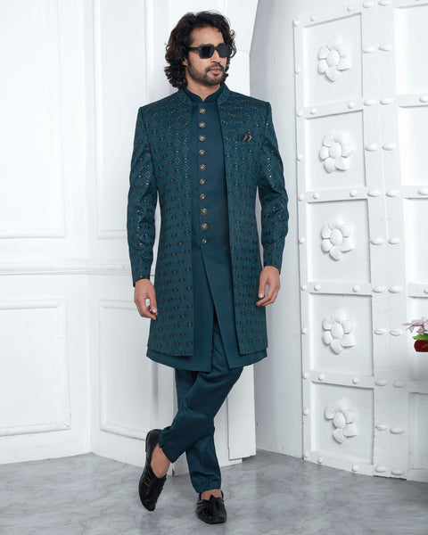 Green Art Silk indian Ethnic Wear Man Three Piece Jacket Set