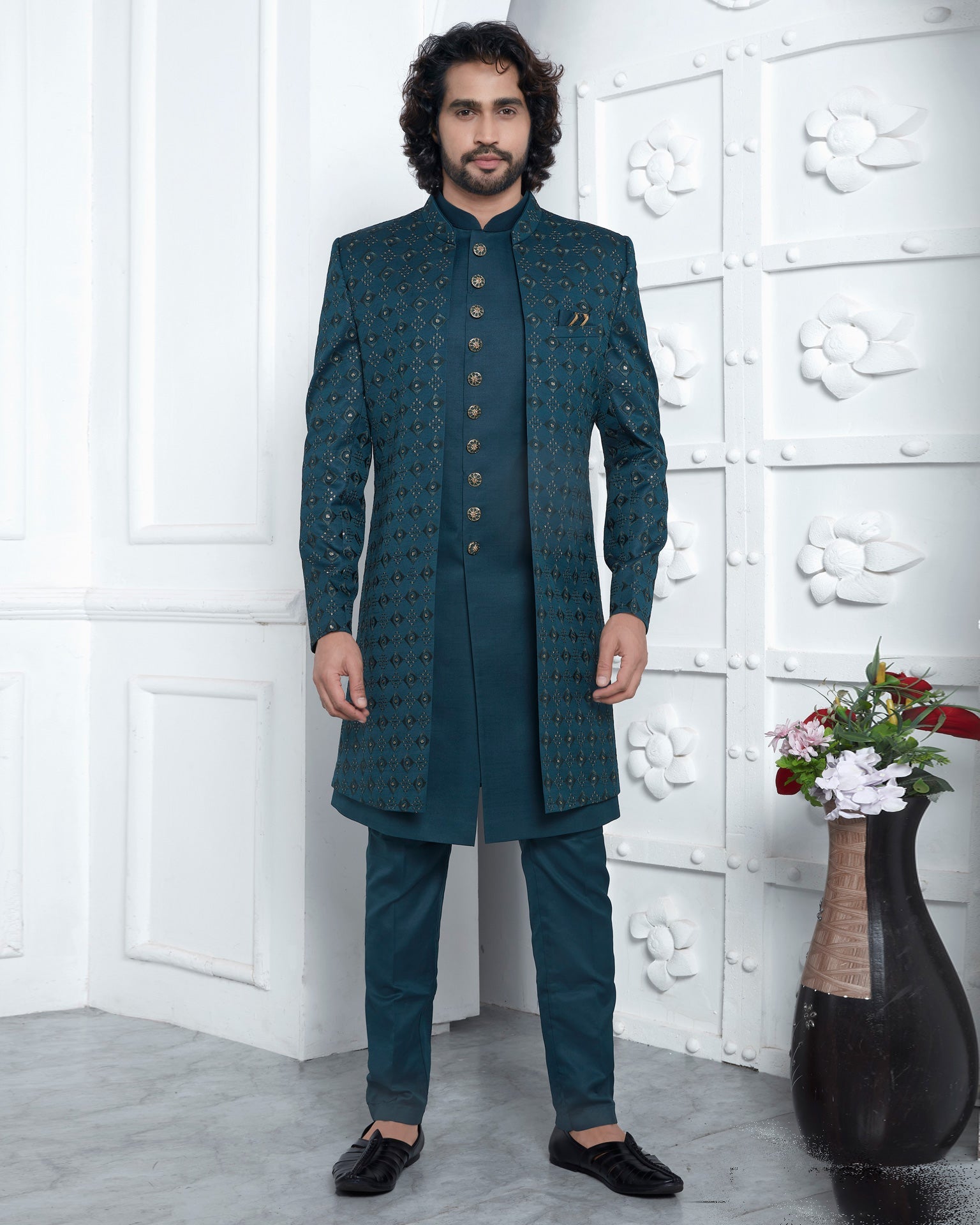 Green Art Silk indian Ethnic Wear Man Three Piece Jacket Set