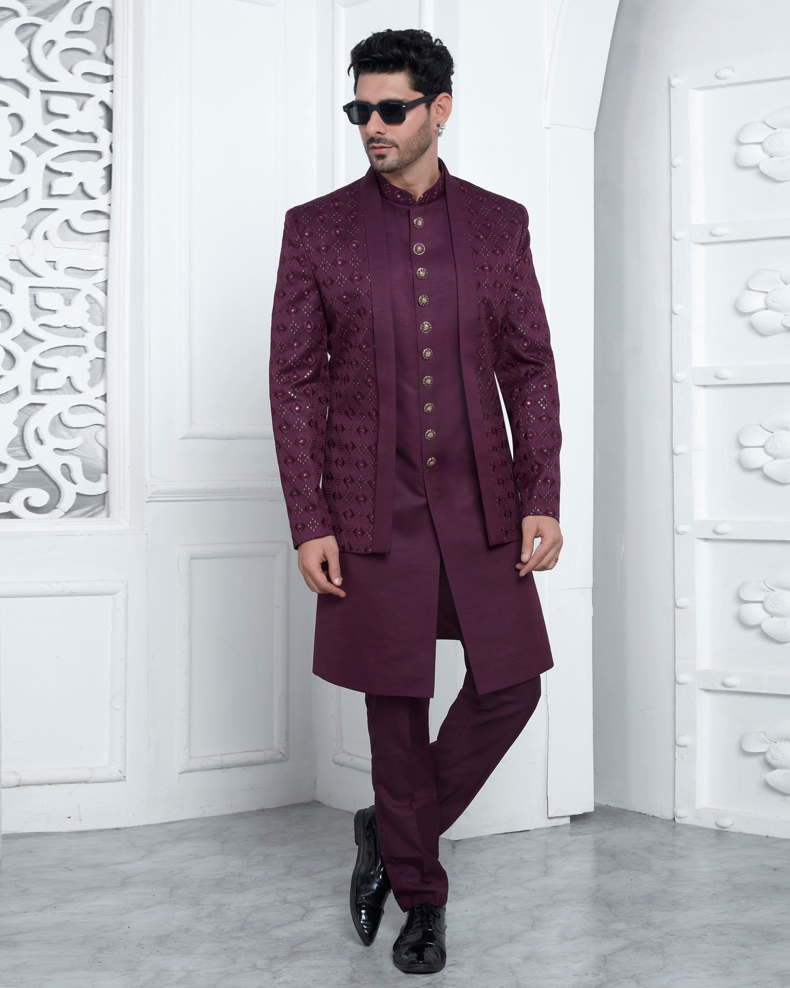 Wine Art Silk indian Ethnic Wear Man Three Piece Jacket Set