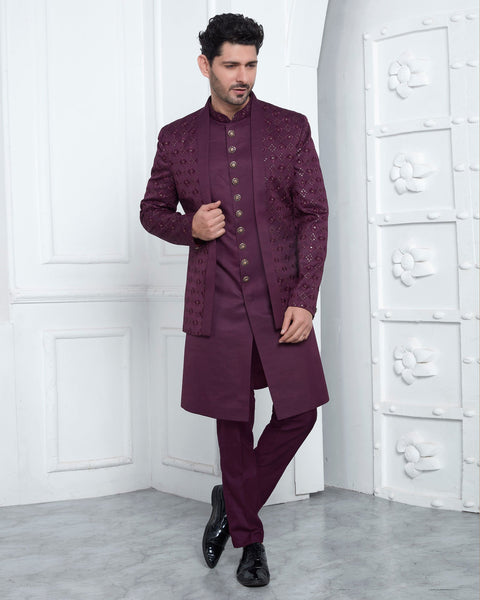 Wine Art Silk indian Ethnic Wear Man Three Piece Jacket Set