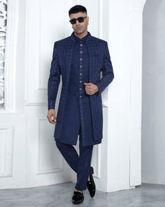 Blue Art Silk indian Ethnic Wear Man Three Piece Jacket Set