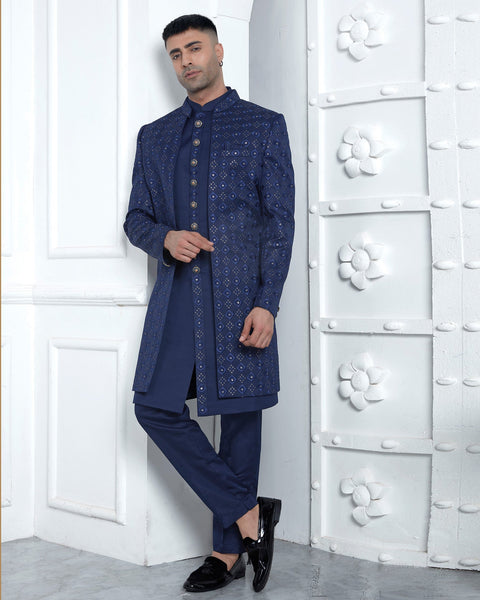 Blue Art Silk indian Ethnic Wear Man Three Piece Jacket Set