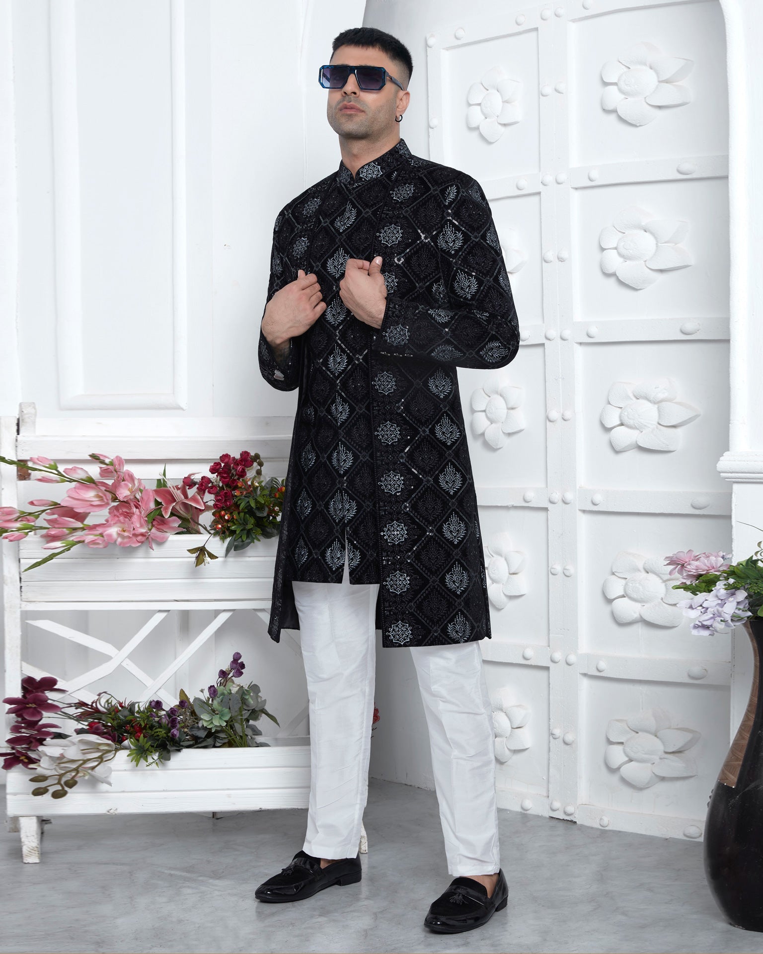 Black/Off White Velvet Silk indian Ethnic Wear Man Three Piece Jacket Set