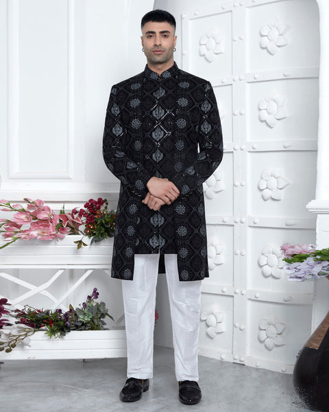 Black/Off White Velvet Silk indian Ethnic Wear Man Three Piece Jacket Set