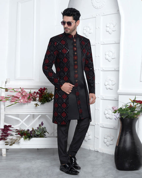 Black Velvet Silk indian Ethnic Wear Man Three Piece Jacket Set