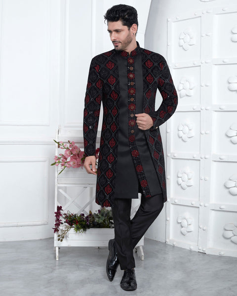 Black Velvet Silk indian Ethnic Wear Man Three Piece Jacket Set