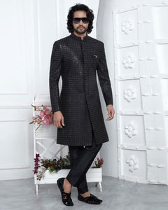 Black Art Silk indian Ethnic Wear Man Sherwani Set With Computerized Embroidery