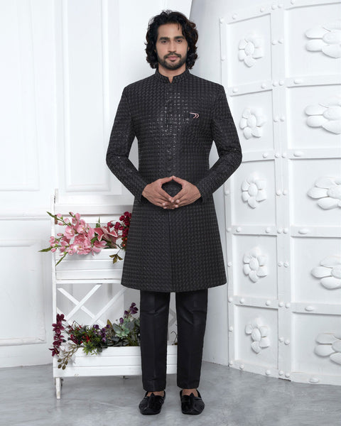 Black Art Silk indian Ethnic Wear Man Sherwani Set With Computerized Embroidery